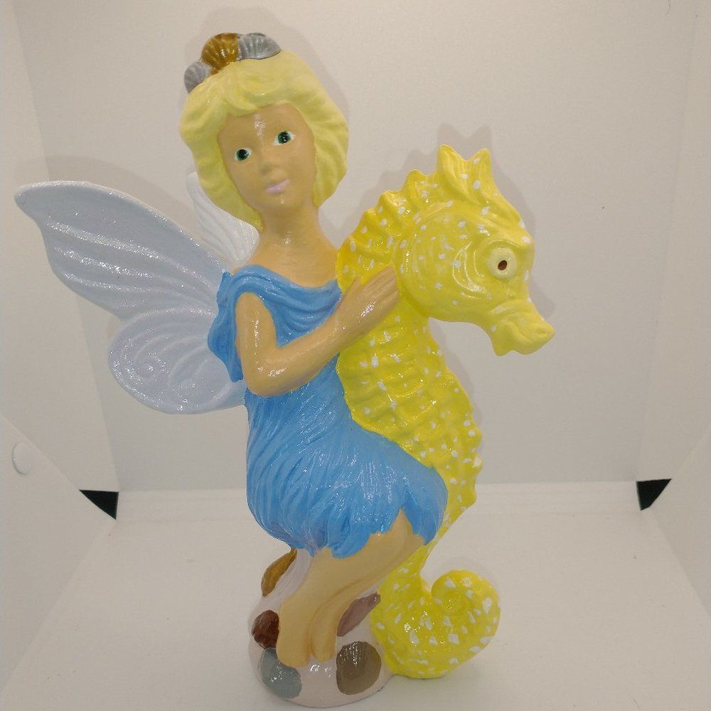 Hand Crafted Garden Fairy Riding Seahorse Vinyage Ceramic Painted 9 inch
